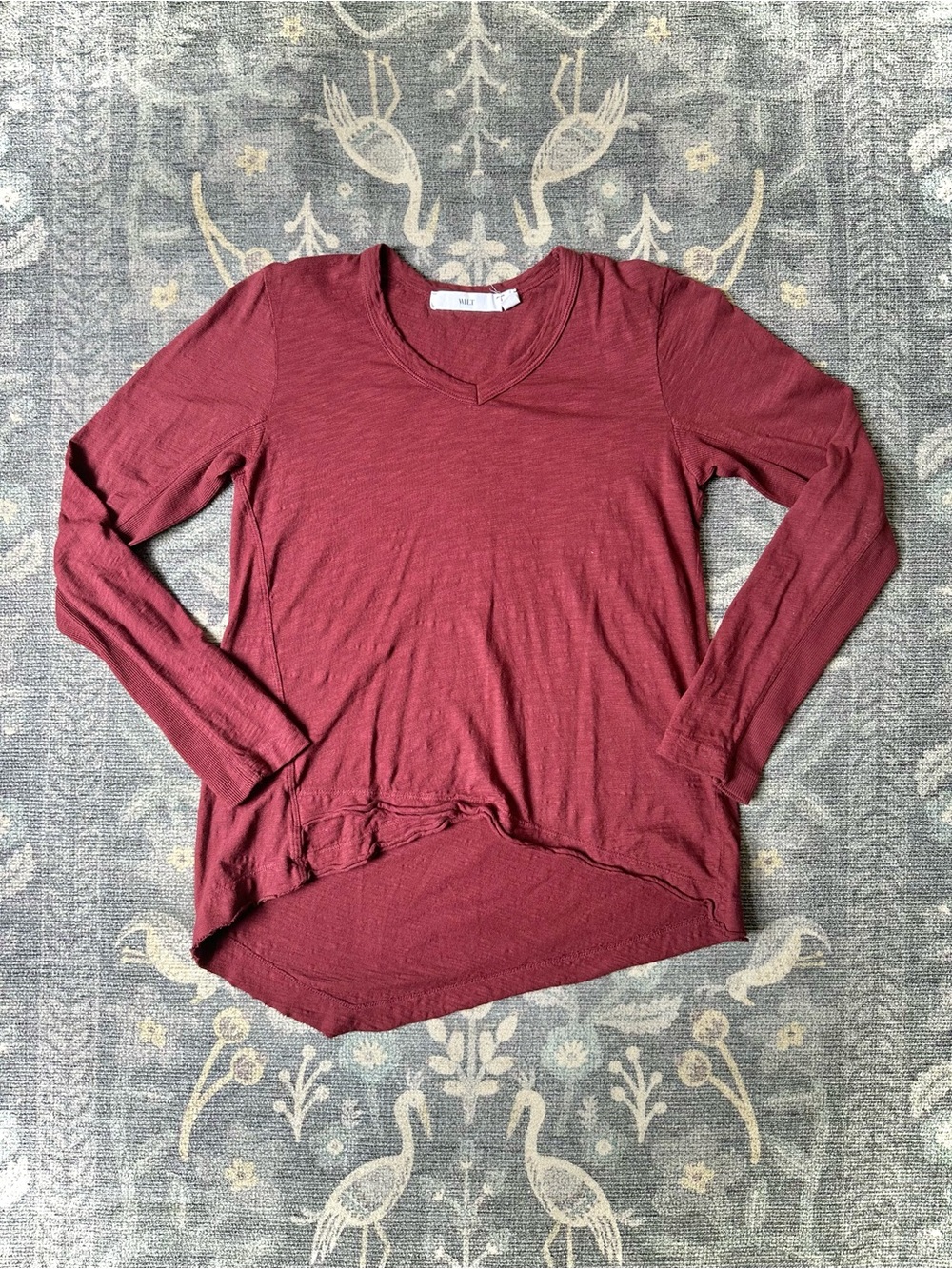 WILT Burgundy 100% Cotton Long Sleeve Hi-Low Hem Tee XS Made in USA
